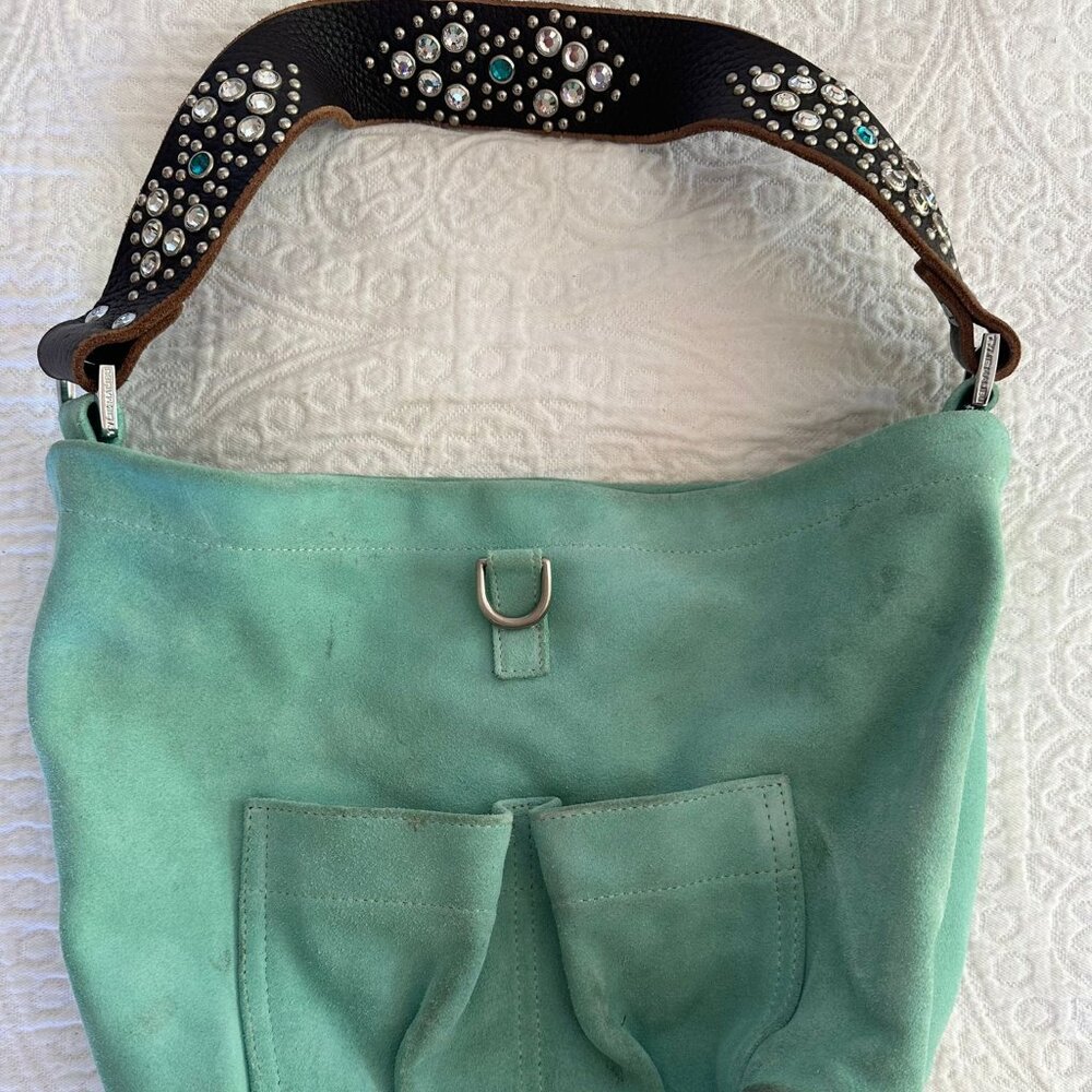Light aqua Tylie Malibu suede bucket bag